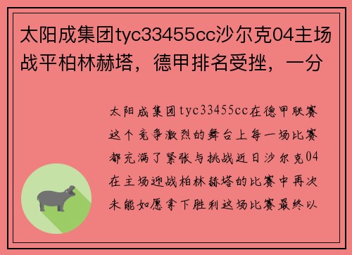 太阳成集团tyc33455cc沙尔克04主场战平柏林赫塔，德甲排名受挫，一分难求